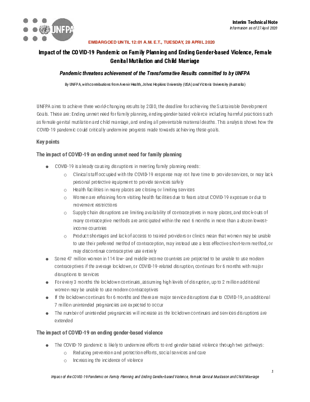 Impact of the COVID-19 Pandemic on Family Planning and Ending Gender-based Violence, Female Genital Mutilation and Child Marriage